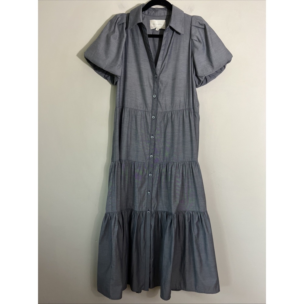 Brochu Walker Havana Dress Size M Tiered Puff Sleeve Midi Shirt Slate